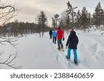 Small photo of Saariselka, Finland - February 20, 2022: Group hiking in snowshoes over snowy winter trails in Finnish Lapland, beyond the arctic circle. Snowshoe adventure