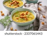 Sour gherkins soup with dill and croutons. Minestrone soup with mix of vegetables.