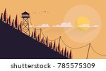 Vector Flat Art Landscape with Fire Lookout Tower