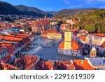 Brasov, Romania. Aerial view of the old town at sunrise.