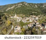 Small photo of Aerial panoramic view of Beget, a small population center belonging to Camprodon full of magic and charm, Spain