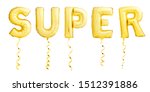 Small photo of Word super made of golden helium balloons with golden ribbons isolated on white background. Flying party balloons forming word super