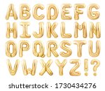 Alphabet balloons font made of golden inflatable balloons isolated on white background. Golden foil balloon letters English font
