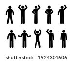 stickman icon, isolated pictogram stick figure man, various gestures with hands, human symbol on white background