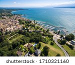 Aerial view of Nyon old city and waterfront in Switzerland