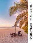 Small photo of Amazing beach. Chairs on the sandy beach sea. Luxury summer holiday and vacation resort hotel for tourism. Inspirational tropical landscape. Tranquil scenery, relax beach, beautiful landscape design