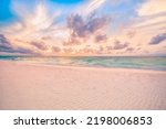 Small photo of Closeup sea sand beach. Panoramic beach landscape. Inspire tropical beach seascape wave horizon. Orange and golden sunset sky calmness tranquil relaxing sunlight summer. Vacation travel holiday banner