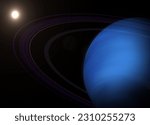 Small photo of Gas giant Neptune with its rings and the Sun. Neptune - is the eighth planet from the Sun solar system planet. Galaxy, stars and planet Neptune