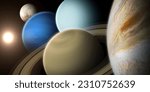 Small photo of Beautiful view of the planets Saturn, Jupiter, Uranus, Neptune, Pluto and Sun from space. Solar system planets: Saturn, Jupiter, Uranus, Neptune - Gas Giant planets. Elements furnished by NASA.