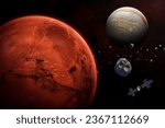 Small photo of Mars, asteroid Psyche, Jupiter and Psyche spacecraft. Asteroid orbiting the Sun between Mars and Jupiter in main asteroid belt. Psyche mission
