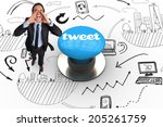 The word tweet and shouting businessman against blue push button