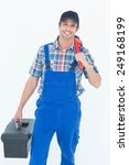 Small photo of Portrait of plumber with monkey wrench and tool box over white background