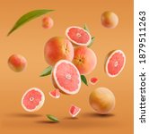 Small photo of Flying in air fresh ripe whole and cut grapefruit with seeds and leaves isolated on red background.