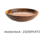 Side view of single shallow wooden bowl isolated on white background with clipping path, closeup, horizontal format.