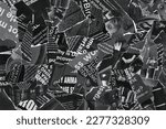 Small photo of Newspaper Magazine Collage Background Texture Torn Clippings Scrap Paper Black