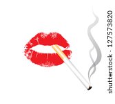 Imprint of lips that wearing makeup lipstick and a cigarette - stock vector