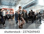 Small photo of New York, NY - October 19, 2023: A fan dresses in cosplay as Lara Croft from Tomb Raider at the 2023 New York Comic Con by Reed Pop at the Javits Center in Manhattan.