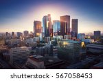 Sunset over Los Angeles downtown. Retro colors. California theme. LA background. Los Angeles city center.