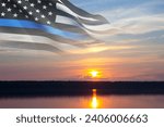 Small photo of Thin Blue Line. American flag with police blue line on a background of sunset. Support of police and law enforcement. National Law Enforcement Appreciation Day.