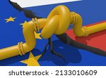 Fuel gas pipeline with a knot on background of European Union and Russian flags. EU industrial economic sanctions. Oil import export from the world fuel trade market restricts. 3D illustration