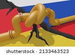 Fuel gas pipeline with a knot on background of Germany and Russian flags. EU economic sanctions. Energy embargo. Oil import export from the world fuel trade market restricts. 3d illustration