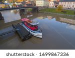 Small photo of PORVOO, FINLAND - OCTOBER 19, 2019: Fredrika is old pleasure ship on the Porvoonjoki river on October day (shooting from a quadrocopter)