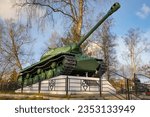 Small photo of PRIOZERSK, RUSSIA - OCTOBER 24, 2021: Tank IS-3 on a sunny October day. Monument in honor of the 55th anniversary of Victory in the Great Patriotic War