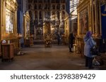 Small photo of TIKHVIN, RUSSIA - OCTOBER 21, 2023: Interior of the ancient Assumption Cathedral of the Tikhvin Assumption Monastery