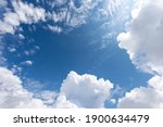 Beautiful blue clear sky with white cumulus clouds (cumulonimbus), bottom view, full frame, photography.