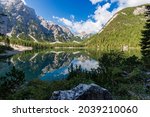 Lake Braies (Lago di Braies or Pragser Wildsee) and the Mountain peak of Croda del Becco or Seekofel, Dolomites, South Tyrol, Trentino-Alto Adige, Bolzano province, Italy, Europe.