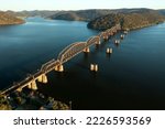 Aerial view of the Hawkesbury River Railroad Bridge which crosses the Hawkesbury River estuary near Brooklyn, NSW, Australia.