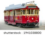 Historic tramway tram seen in Christchurch in New Zealand, gradient isolated in white back