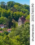 Sunny scenery including a small castle around Buchenbach in Hohenlohe, Germany