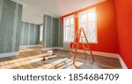 Small photo of Painting wall red in room before and after restoration or refurbishment