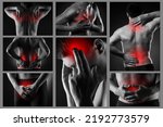 Small photo of Pain in different man's body parts, neck, shoulder, heart, back, kidneys, head, prostate, abdomen, chronic diseases of the male body, collage of several photos on black background