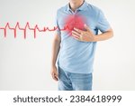 Small photo of Heart attack, man with chest pain suffers from heartache, myocardial infarction, cardiogram and heartbeat, health problems concept