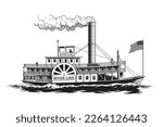 Paddle streamer, wheel passenger steamboat, riverboat or retro boat isolated on white background, engraving style black and white vector illustration