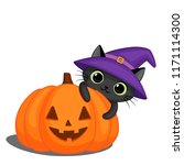 cute black cat in a witch hat... | Shutterstock .eps vector #1171114300