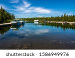 This is a view of Rock Harbor in Isle Royale National Park in Lake Superior off the coast of Copper Harbor, Michigan, where our large tour boat docked.