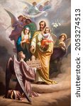 Small photo of ROME, ITALY - AUGUST 31, 2021: The painting of St. Joseph and Holy Family the church Chiesa del Sacro Cuore di Gesu probably by Giuseppe Rollini (1832).