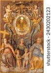 Small photo of VALENCIA, SPAIN - FEBRUARY 15, 2022: The fresco of blazon with eucharist symbolic and saints in the church Iglesia del Patriarca by unknown artist.
