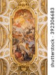 Small photo of ROME, ITALY - MARCH 9, 2016: The Apotheosis of St Louis vault fresco (1756) by Charles Joseph Natoire (He is famous for his paintings at Versailles) in church Chiesa di San Luigi dei Francesi.