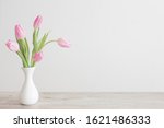 Pink Tulips In White Ceramic...