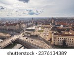 Small photo of Aerial art nouveau historical an aerial view of Oradea city with a stunning bridge and beautiful historic art nouveau architecture incity Oradea, Bihor, Romania