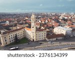 Small photo of Aerial art nouveau historical an aerial view of a historic city with a stunning art nouveau clock tower incity Oradea, Bihor, Romania