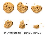 Six steps of chocolate chip cookie with pecan nuts being devoured. Sequence isolated on white background.