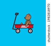 Teddy bear in little red wagon vector illustration. Children