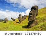 CHILE -FEBRUARY 6: Moais in Rapa Nui National Park on the slopes of Rano Raruku volcano on Easter Island, Chile.