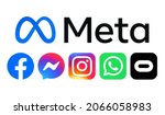 Small photo of Kiev, Ukraine - October 29, 2021: Meta logo and icons of it products: Facebook, Messenger, Instagram, WhatsApp and Oculos, printer on white paper. Social media giant Facebook is rebranding as Meta