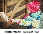 Little Girl Feeding Goat At Farm